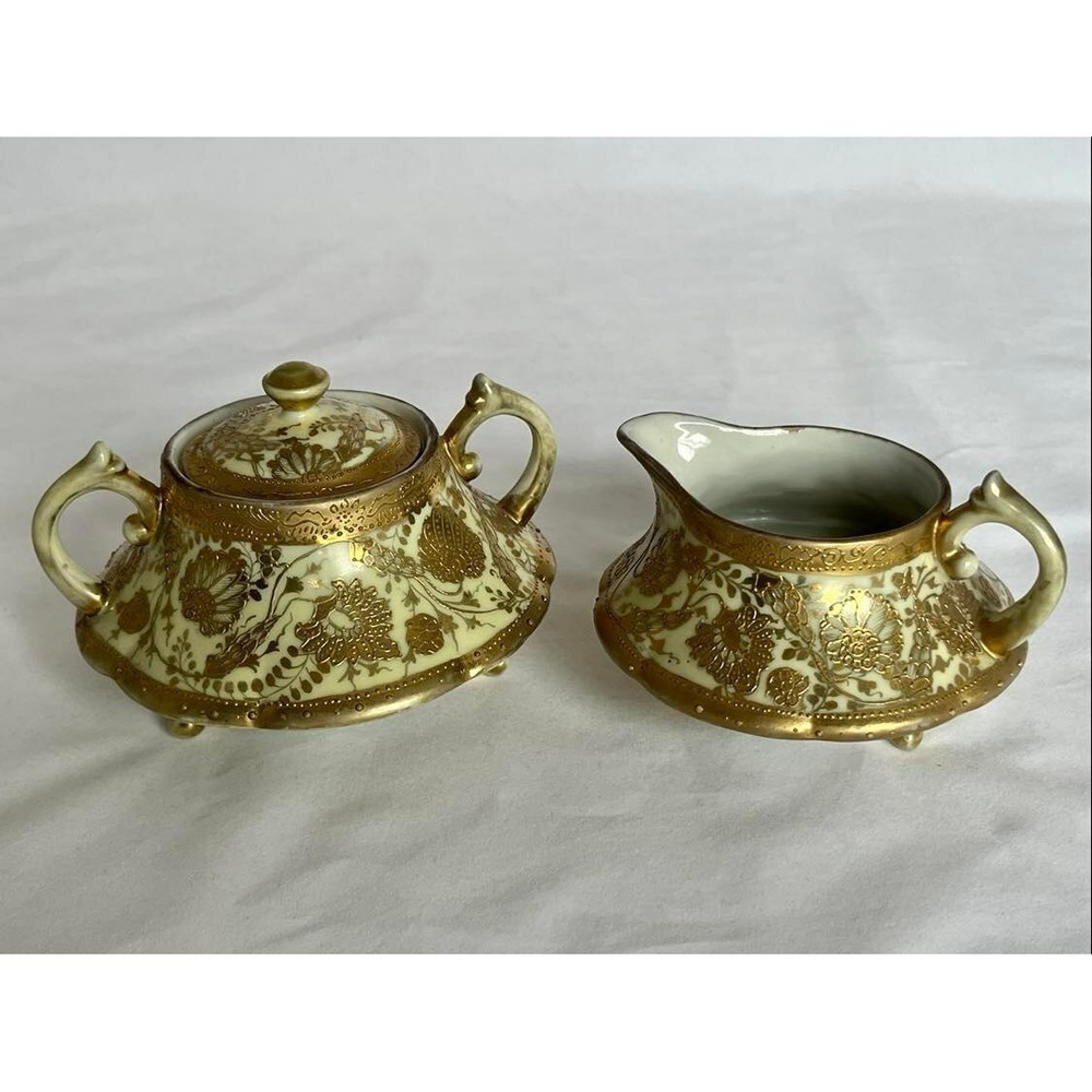 Vintage NIPPON Hand‎ Painted Gold Encrusted Creamer and Sugar Bowl with Lid